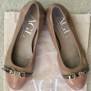 AGL Leather Tan Patent Cap Toe Ballet Flats